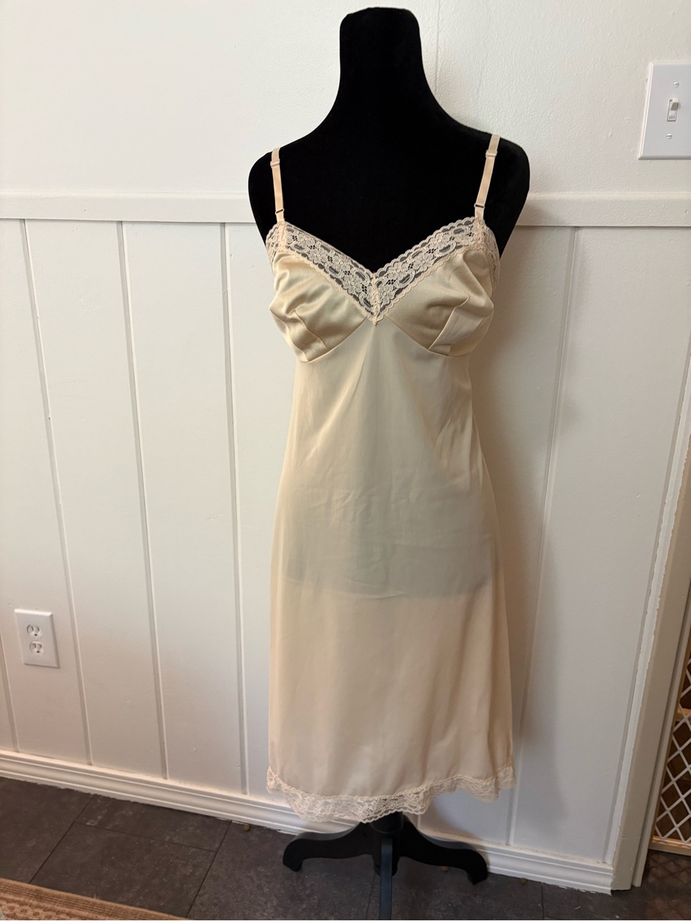 Vintage Vanity Fair Silky Cream Lace-Trim Slip with Adjustable Straps
